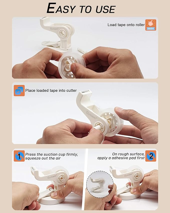 Mini White Tape Dispenser｜Non-Slip Suction Cup & 360° Rotating Arm for One-Handed Operation, Small Clear Suction Cup Tape Dispenser Desk for Packing, Office, Home, Fits 1" Core