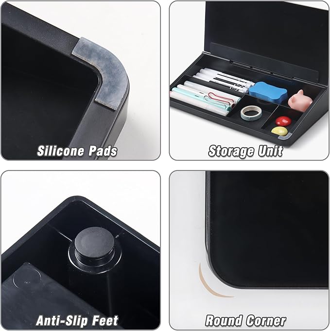 SELEAD Desktop Glass Whiteboard with Storage, Small Dry Erase White Board Computer Pad Keyboard Stand for Home, School, Office Desk Accessories - Black