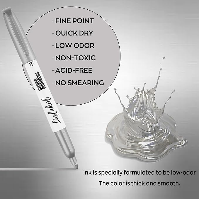 Silver Metallic Markers Pens Bulk of 24 Pack, 2mm Felt Fine Tip for Art, Crafts, Drawing, DIY Projects, Office Supplies, Gift Card Making