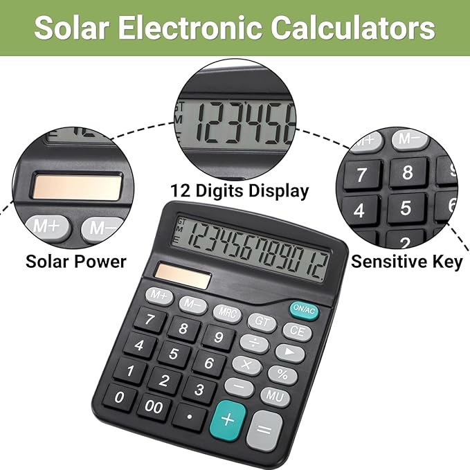 8 Pack Desktop Calculator 12 Digit, Solar Battery Basic Calculator, Dual Power Electronic Calculators with Large LCD Display, Sensitive Button Handheld Calculator for Office Home School, Black