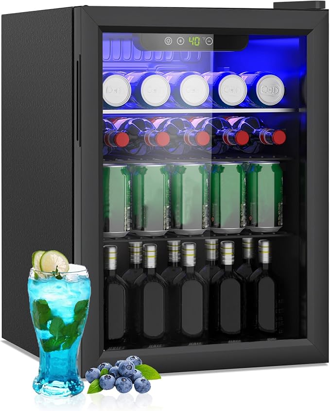 Compact Beverage Refrigerator, 95 Can/2.6 Cubic Feet Fridge with Glass Front Door for Soda, Beer or Wine, Under Counter Small Refrigerator with Adjustable Shelve & Digital Display(Black)