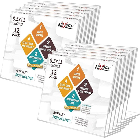 NIUBEE Acrylic Sign Holder 8.5x11 Inches 12 Pack Horizontal, Slant Back Clear Frames, Plastic Paper Flyer Display Holder, Document Menu Table Stand for Office, Store, Restaurant -Landscape