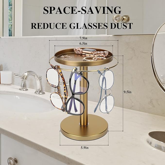 360° Rotating Sunglass Organizer Storage, Stainless Steel Glasses Holder Stand, Glasses Organizer with Tray for Desk, Dresser, Tabletop, Nightstand and Home Decor (Gold)