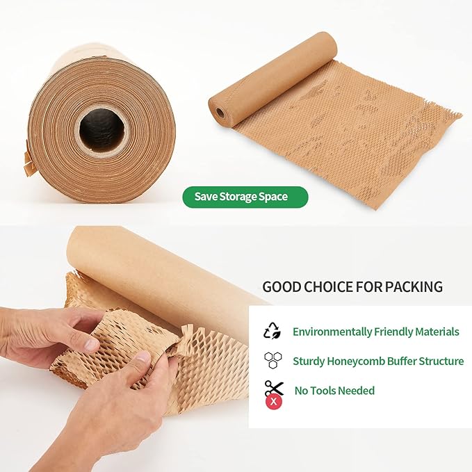 Honeycomb Packing Paper, HONSREO 15 Inches x 230 Feet Eco Friendly Recyclable Cushioning Material, Bubble Wrap for Moving Shipping Breakable Supplies with 20 Fragile Sticker Lables (Brown)
