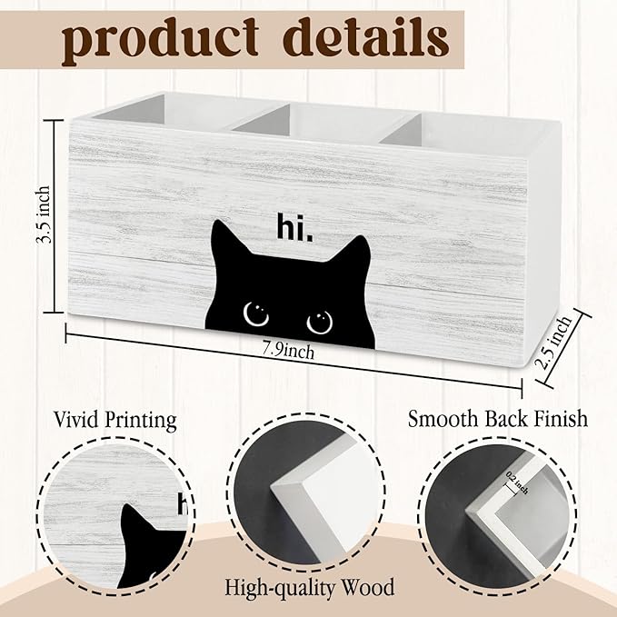 Hi Black Cat Pen Pencil Holder Organizer for Desk Accessories, Black Cat Mom Lady Lovers Owner Gifts Wooden Box Sign Desk Decor for Home Office Decoration, Pet Lover Gifts