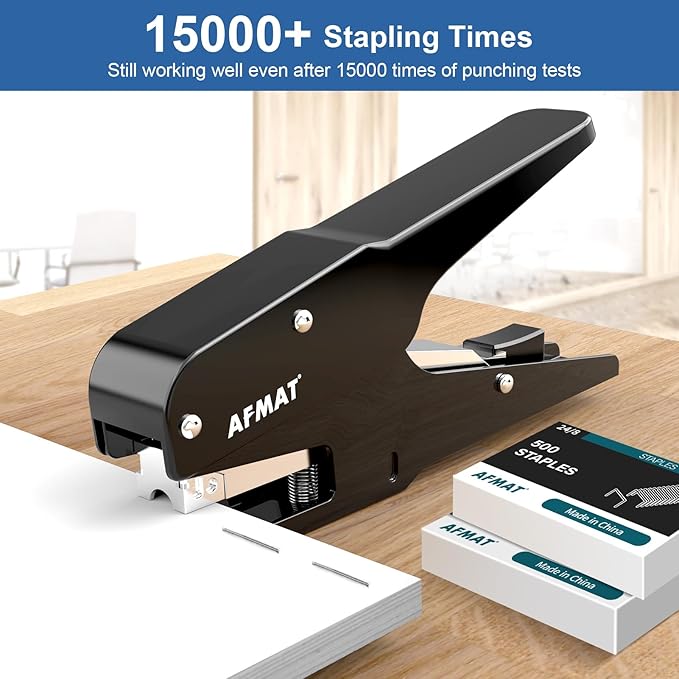 AFMAT Effortless Plier Stapler, Metal 30 Sheet Stapling Plier, 15000+ Stapling Times, with Staples & Reload Button, Handheld Stapler Heavy Duty, Space Save Size, Good for Office, Home, School, Black
