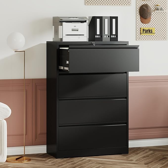 KEIKI 4 Drawer Lateral File Cabinet with Lock – Tall Heavy-Duty Metal Filing Cabinet, Space-Saving Wide Storage for Letter/Legal/A4/F4, Quiet Full-Extension Slides for Home Office, Black