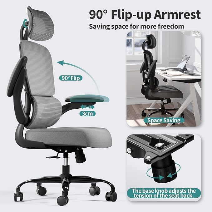 TRALT Office Chair Ergonomic Desk Chair, 330 LBS Home Mesh Office Desk Chairs with Wheels, Comfortable Gaming Chair, High Back Office Chair for Long Hours (Black Grey)