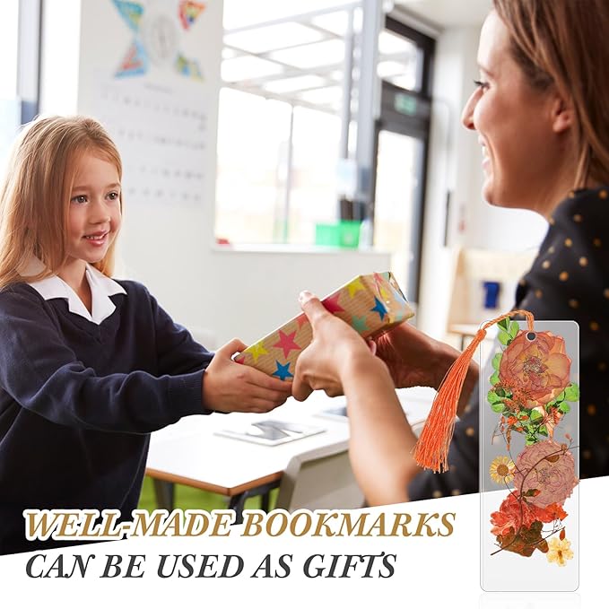 150 Pcs DIY Pressed Dried Flower Bookmark Making Kit, DIY Bookmark Bulk Thanksgiving Teacher Gifts for Reading Women Book Lovers(2 x 6 Inch,Orange Yellow Color)