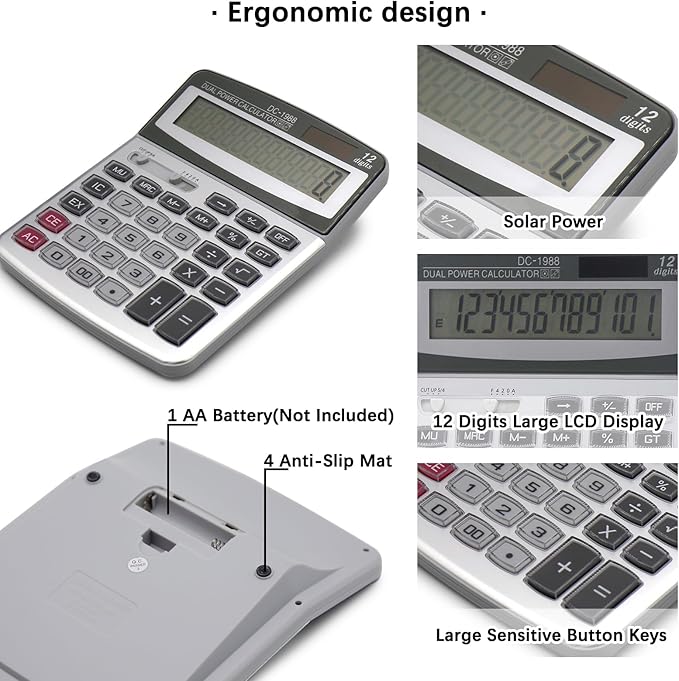 OFFIDIX Desk Calculator 12 Digits Extra Large LCD Display,Big Buttons Dual Power Solar Calculator for Office,Work,Business,Home and School