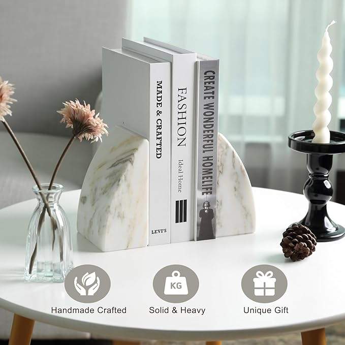 Koville Marble Bookends for Shelves, Large Bookends for Heavy Books, Natural Stone Book Stopper for Books CD Movies, Aesthetic Decorative Book Ends (Oriental Calacatta)