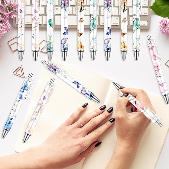 Butterfly Inspirational Ballpoint Pens - 24PCS Butterfly Print Pens Set Retractable Positive Flower Pens Smooth Writing Floral Pens for Office Stationery School Supplies for Women Teacher Gift