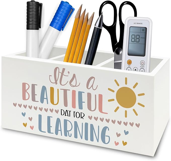 Boho Classroom Pen Pencil Holder Organizer for Desk, It's a Beautiful Day for Learning Wooden Box Signs Decorations for Home Office Desk Tabletop, Boho Classroom Decor