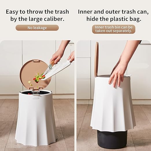 Bedroom Trash Can with Lid, 10L Office Trash Bin with Press Top Lid, Dog Proof White Garbage Can, Modern Nordic Waste Basket, 3 Gallon Plastic Garbage Bin for Home, Bathroom, Kitchen (White)