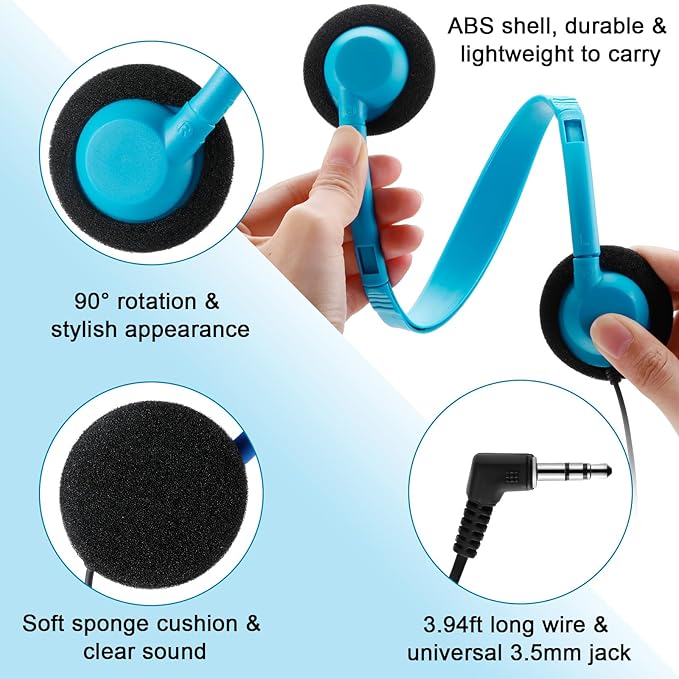 Yunsailing 30 Pack Class Set Headphones for Students Bulk School Headsets Earphones with 3.5mm Jack Classroom Must Haves Teacher Supplies for Adults Laptop Computer(Lake Blue)