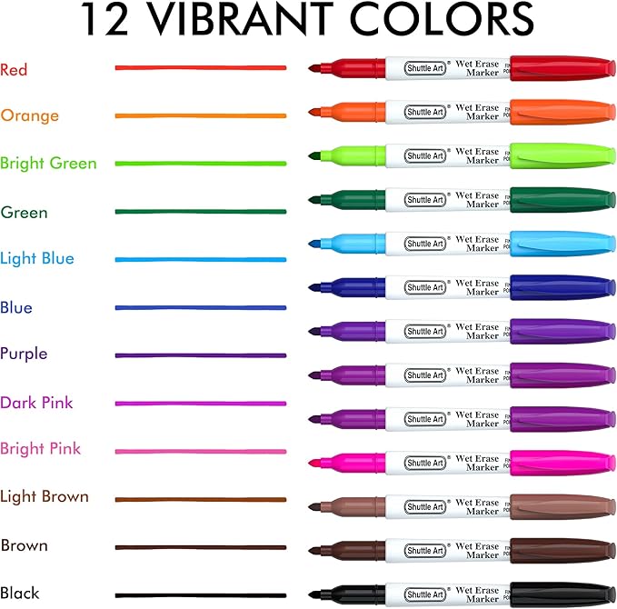 Shuttle Art Wet Erase Markers, 12 Colors 1mm Fine Tip Overhead Projectors Transparency Smudge-Free Markers, Works for Laminated Calendars Whiteboard Schedule Glass, Wipe with Water