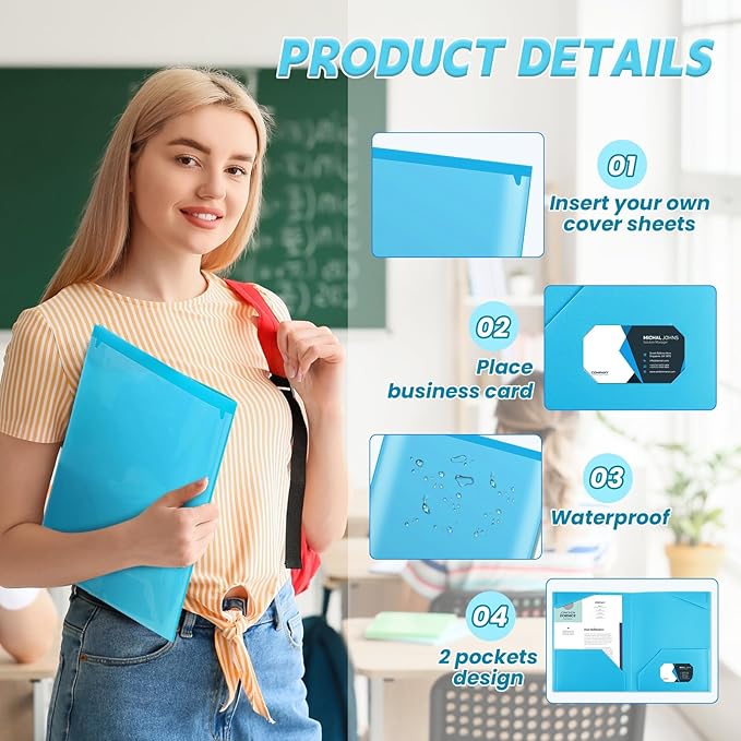 Henoyso 36 Pcs Plastic Folders with Clear Front Pockets Heavy Duty File Folders with 2 Pockets and Card Slot for Student Communication School Office Presentation Report (Light Blue)