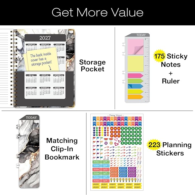 HARDCOVER 2026 Planner, 8.5"x11": 14 Months (November 2025 - December 2026), Daily Weekly Monthly Planner, Yearly Agenda, Bookmark, Pocket Folder and Sticky Note Set (Black Gold Marble)