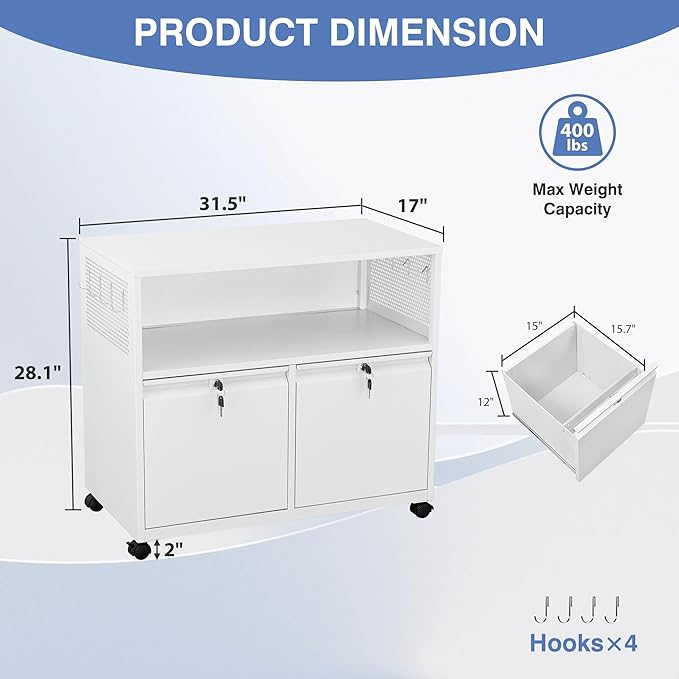 Metal File Cabinet,2 Drawer Lateral Filing Cabinet with Lock,Rolling Printer Stand Storage Cabinets with Shelves for Home Office Letter/Legal/A4 Size Files(White)