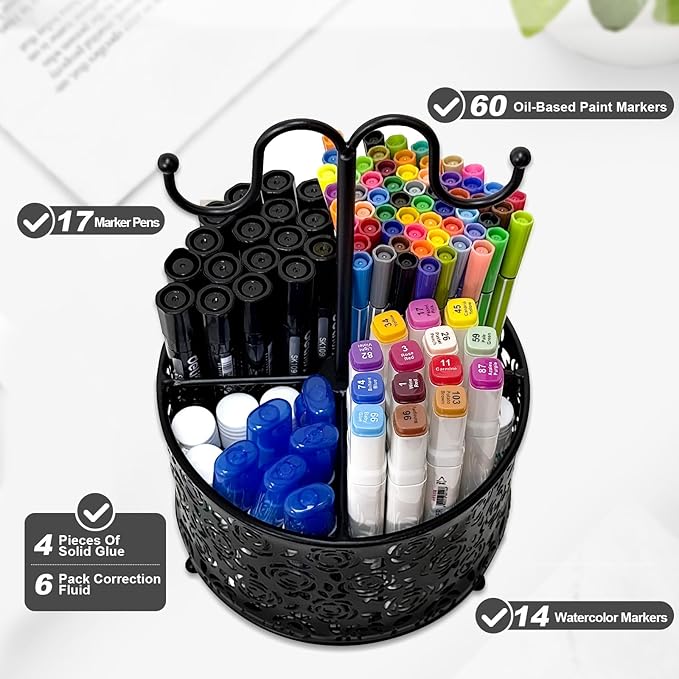 360 Degree Rotate Pen Holder for Desk Mesh Desk Pen Organizer Pencil Holder Large Capacity Accessories & Workspace Organizers for School,Home (Black rose lace pattern, With hook)