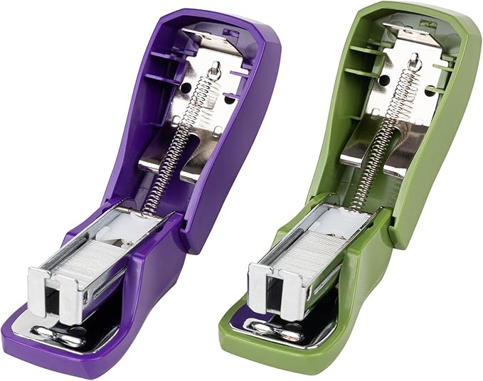 Desk Accessories - Aria Premium Mini Stapler Set - with Built-in Staple Removers, 2000 Standard Staples Included - for Office, School, and Travel, Set of 2, Purple & Greenery