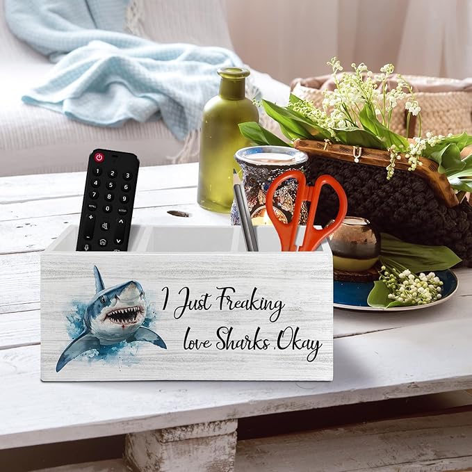 Coastal Beach Shark Pen Pencil Holder Organizer for Desk Accessories, I Just Freaking Love Sharks Okay Wooden Box Sign Desk Decor for Home Office Decoration, Gifts for Shark Lovers