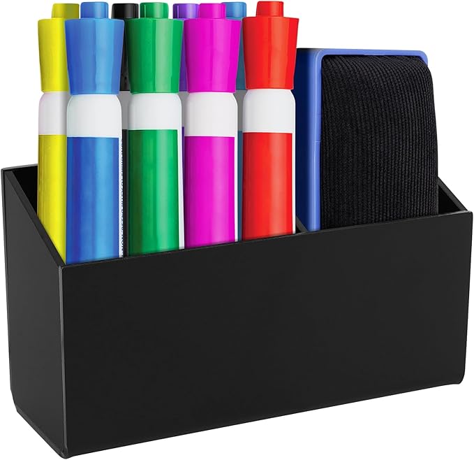Magnetic Dry Erase Marker Holder for Whiteboard，Acrylic Magnetic Pen Holder for Fridge, 2 Compartments Whiteboard for Office, Home, Locker(Clear)-Black
