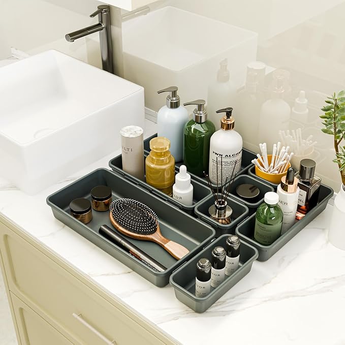 BYCY 38PCS Interlocking Desk Drawer Organizer Tray Divider Set, Plastic Black Desk Organizer Separator, Office Drawer Dividers Storage Bins for Office Bathroom Kitchen (38pcs 5Size)