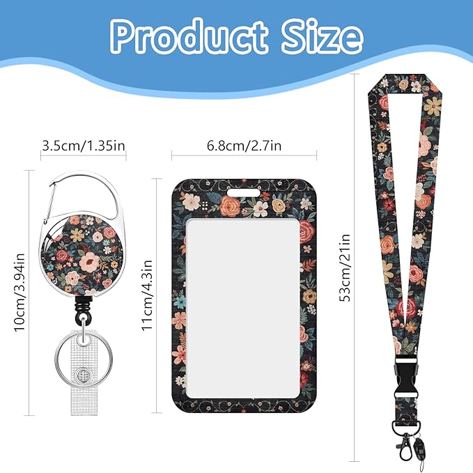 Floral Lanyard with Id Holder,Retro ID Badge Holder with Retractable Lanyard, ID Holder with Badge Reel Clips, Name Tag ID Card Holder Teacher Women Doctor Office Gift