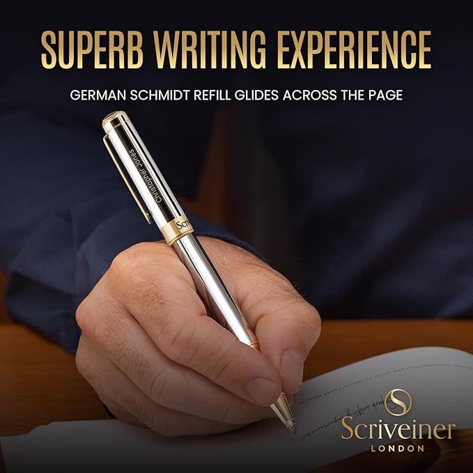 Scriveiner Personalized Silver Chrome Rollerball Pen - Stunning Luxury Pen, Real Gold Plating, Schmidt Ink Refill, Best Engraved Roller Ball Gift Set for Men & Women, Custom Name Engraving