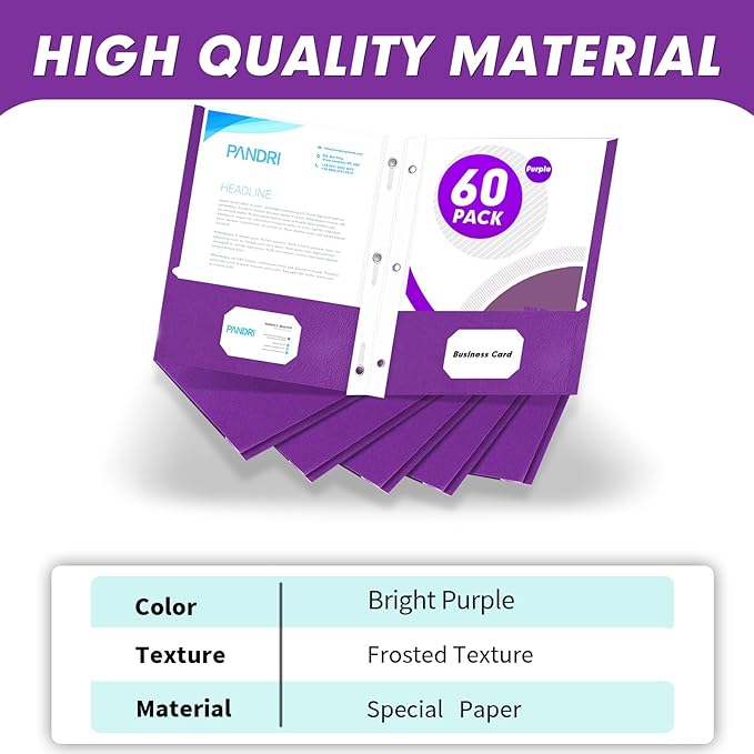 Two Pocket Folders, PANDRI 60 Pack Two Pocket Folders with Prongs, 3 Prong Folders Designed for Office and Classroom, Letter Size Purple
