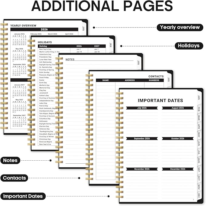 2026 Planner, Weekly and Monthly Calender Planner, Jan 2026 to Dec 2026, Hardcover 2026 Calendar Planner Book with Tabs & Inner Pocket, Office Home School Supplies for Women & Men - A4 (8.5" x 11"), Black