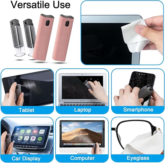 walrfid 4Pcs Car Screen Cleaner, Computer Screen Cleaner Spray and Wipe, Laptop Cleaner Kit for Cleaning iPad, iPhone, Cellphone, Monitor, Macbook Pro, Car Display, Electronic Device Screen, Grey Pink