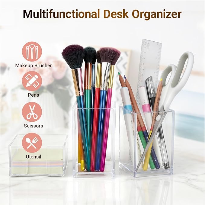 3 Pcs Acrylic Pen Pencil holder and Sticky Note Holder,Clear Desk Organizer,Desk Accessories for Office School Home