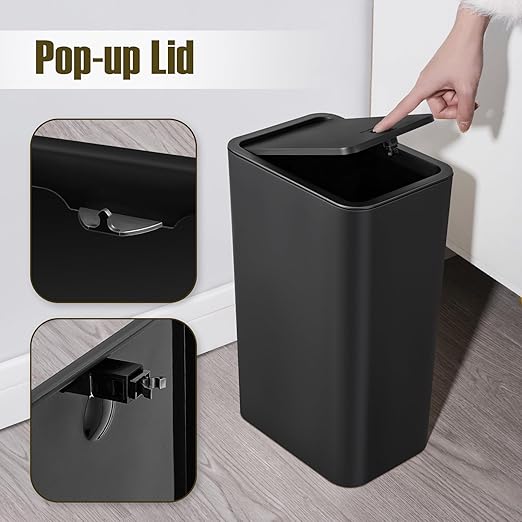 TrashAid 2 Pack Bathroom Trash Can with Lid, 2.6 Gallon / 10 Liter Small Garbage Can with Press Top Lid, Plastic Wastebasket with Pop-up Lids for Toilet, Office, Bedroom, Living Room, Black