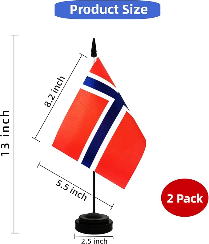 2 Pack Norway Desk Flag, Norwegian Table Office Flag with Solid Pole and Stand Base, International Country Flag, Festival Celebration, Classroom Meeting Desktop Decoration (Norway)