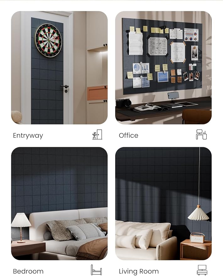 Bumusty Large Cork Board Alternative-47 x35 Felt Bulletin Board Tiles, with 30 Pushpins, 70 Adhesive Tabs, 12-Pack Slat Wall Paneling, Cork Boards for Office Push Pin Felt Board-Deep Charcoal Blue