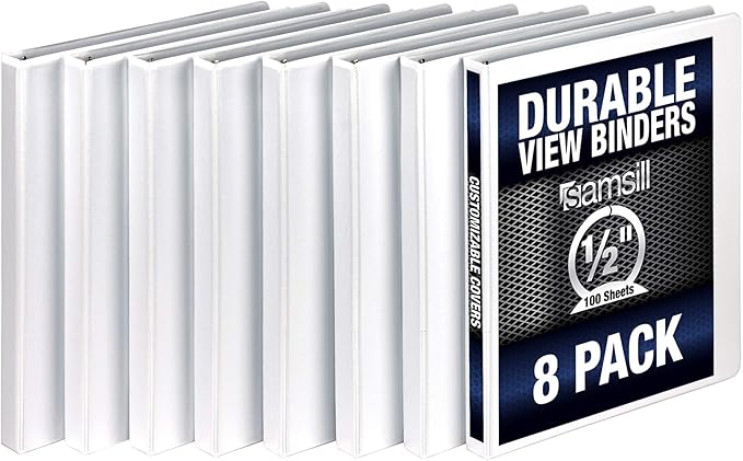 Samsill Durable .5 Inch Binder, Made in the USA, Round Ring Customizable Clear View Binder, White, 8 Pack (S88417)