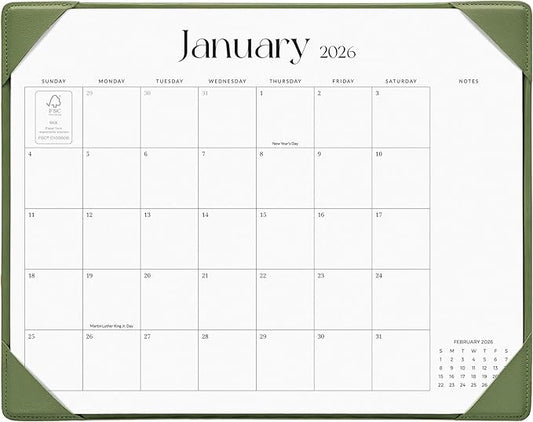 Simplified Desk Calendar 2026-2027 with Desktop Mat, Cabbrix Medium Desk Pad Calendar 15" x 12" Runs From January 2026 to June 2027, Desk Blotter Calendar for Home School and Office (Green)