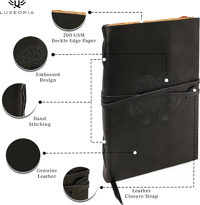 LUXEORIA Heart Journal for Women and Men, Handcrafted Leather Journal for Writing Womens, Sketchbook, Travel Diary with Unlined Deckle Paper, Black 8x13