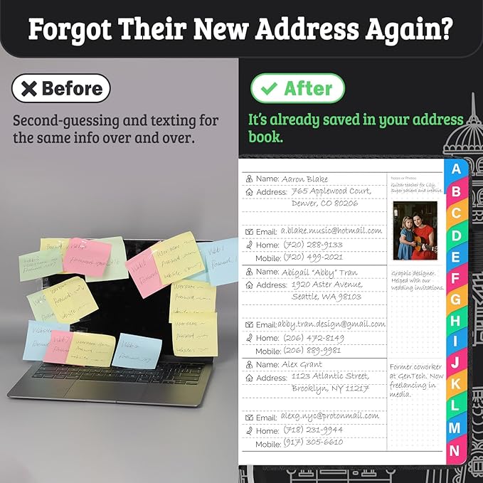 Address Book with Colorful Alphabetical Tabs (4.7" X 6.2") – Telephone Address Contact Book for Seniors, Address Book with Space for Website Address and Internet Passwords (Black)