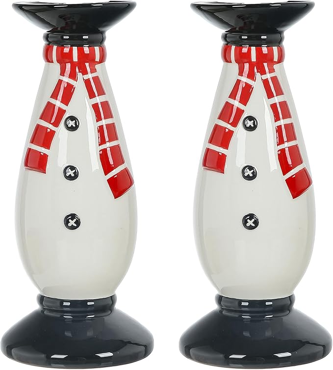 Set of 2 Christmas Hand-Painted Ceramic Large Candle Holders for Pillar Candles (Snowman)
