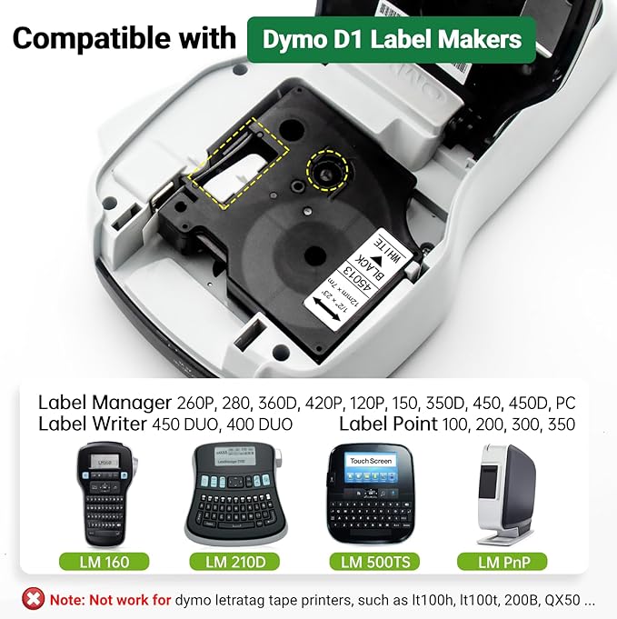 BOYEEZON 7Pk Compatible for DYMO D1 Label Maker Refill 45013 Label Tape 12mm, Black on White,1/2 Inch x 23Ft S0720530 1/2 Inch D1 Tape for Dymo LabelManager 160 210D 260P 280 360D 420P PnP Label Maker