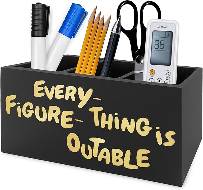 Everything Is Figureoutable Pen Pencil Holder Organizer for Desk, Inspirational Motivational Wooden Box Signs Decorations for Home Office Desk Tabletop, Inspirational Gifts