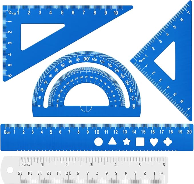 Honagu Triangular Ruler Set, 4+1Pieces Aluminum Alloy Ruler, Metal Drafting Ruler, Geometric Protractor for Students, School Office Supplies (Sky blue, 20cm)