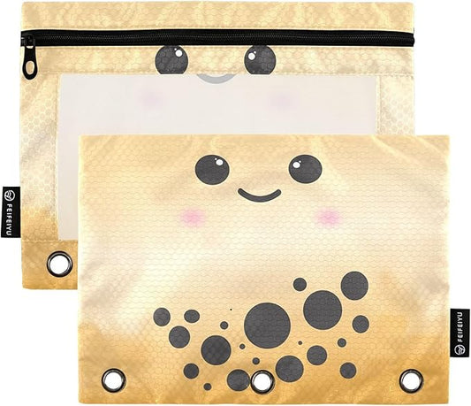 ZAZYXTJ Custom Personalized Bubble Tea Print Binder Pencil Pouchs 3 Ring with Zipper Clear Window Office Organizers bag for School Students Teacher Supplies 2 Pack
