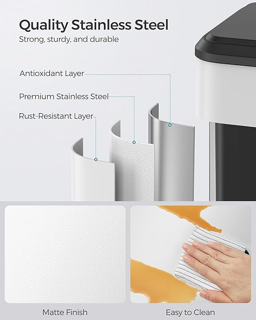 SONGMICS Kitchen Trash Can, 10.5-Gallon (40L) Garbage Can with Lid and Wide Foot Pedal, Soft Close and Stays Open, White ULTB541W40