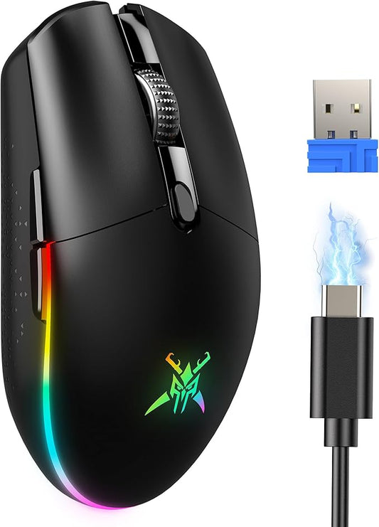 TECKNET Wireless Gaming Mouse Rechargeable - 8000 DPI, Long-Lasting 100Hrs Battery, RGB Backlit, 6 Programmable Buttons, Dual Connectivity (2.4G + USB-C) for PC, Mac, Laptop - Black