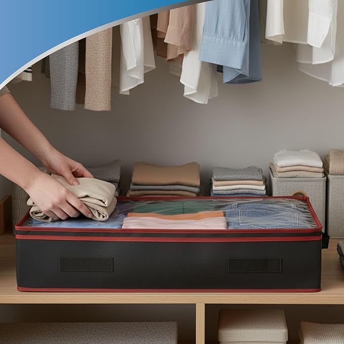 6 Inches Under Bed Storage Containers with Clear Lids | Pack of 12 Underbed Shoe Storage Foldable Clothes Organizer Bins for Blankets, Pillows, Sturdy Handles, Dustproof, & Seasonal Items