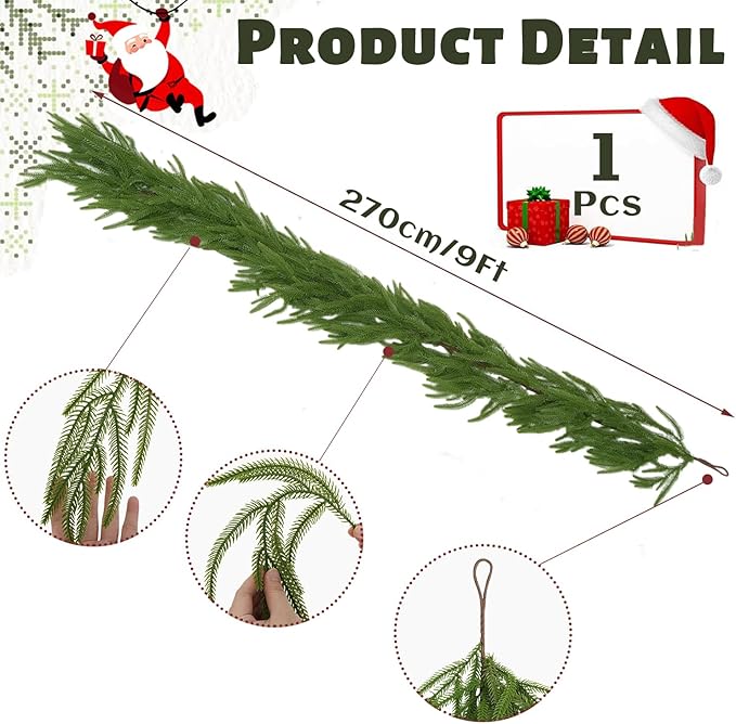 1 Pcs 9FT Christmas Garland, Christmas Decorations, Artificial Norfolk Pine Garland, Faux Greenery Garland for Mantle Fireplace Table Door Wall Upstairs Indoor Outdoor Holiday Xmas Decor